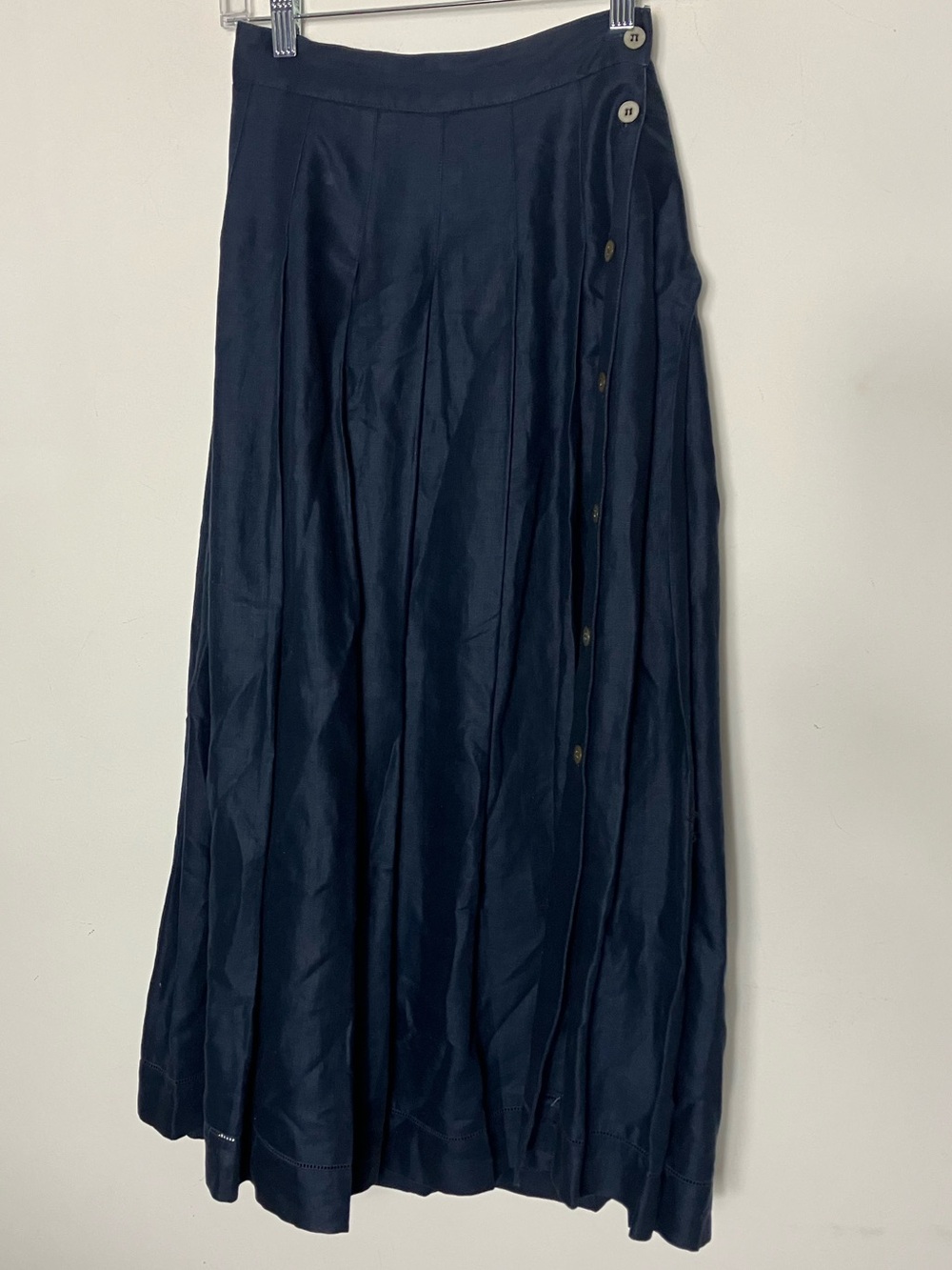 Vintage Laura Ashley Linen Midi Skirt with Buttons Navy Blue 8